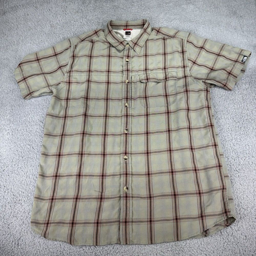 North‎ Face Shirt Adult Men's Xl Green Windowpane Button Up Short Sleeve